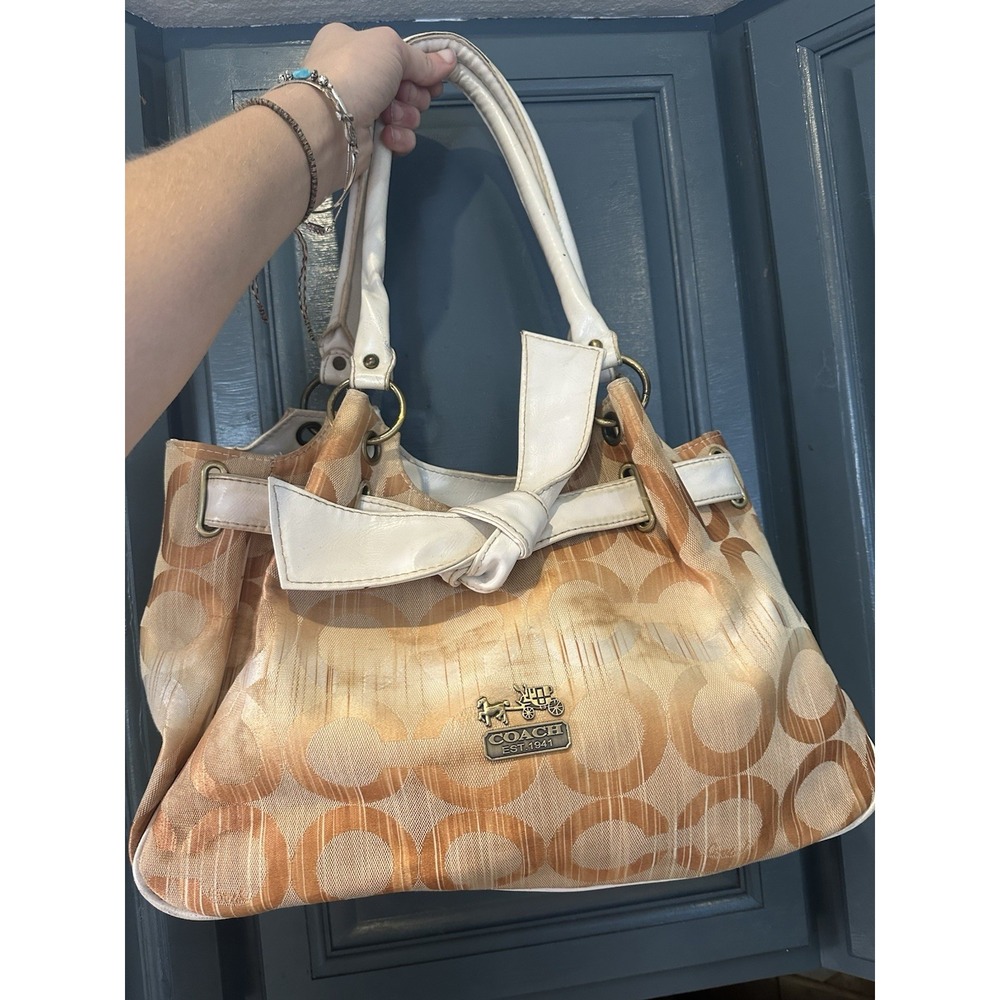 Vintage 2003 Coach Signature Jacquard Leather Large Tote Bag 86102 Tan White